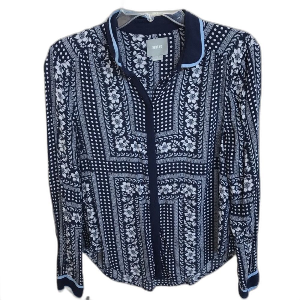 Anthropologie Maeve Peter Pan Collar Blue Printed Buttondown Soft Shirt Size 4